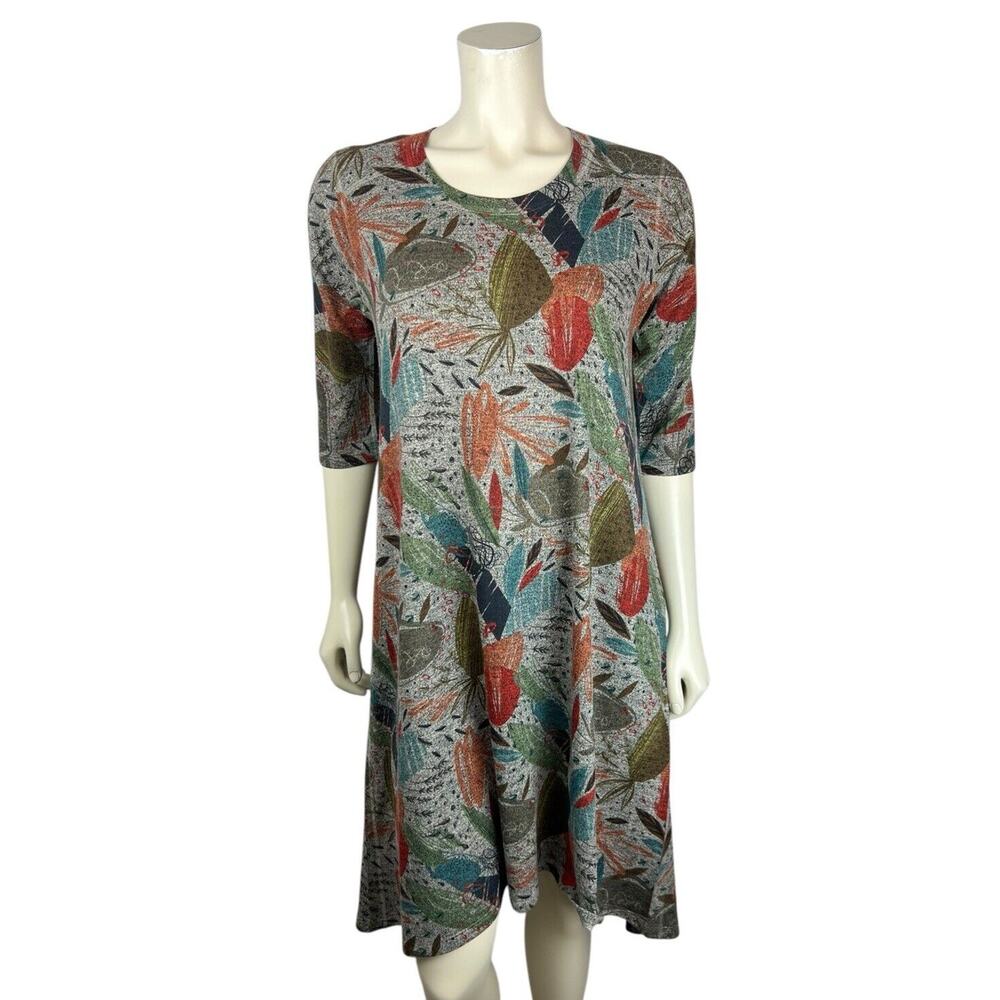 INOAH Abstract Print Half Sleeve Dress Size L Gray Swing Flare Art to Wear Large